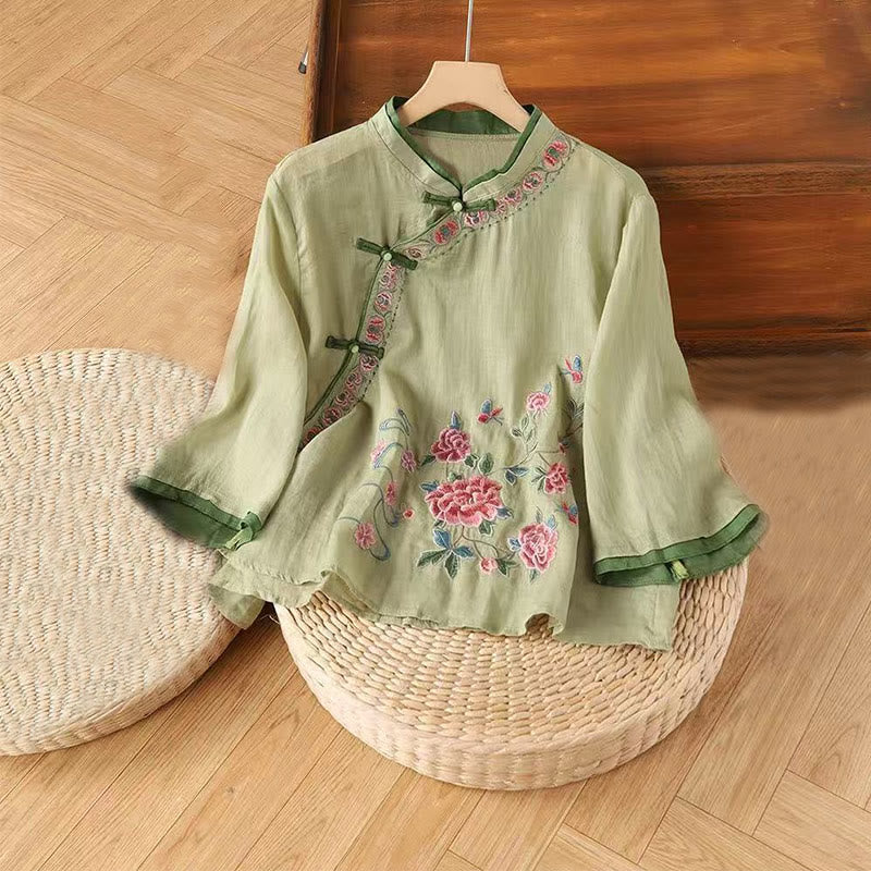 Buddha Stones Vintage Zen Embroidery Plant Floral Pattern Chinese Frog-Button Design Three Quarter Sleeve Women's Shirt - LightGreen - US12，UK/AU16，EU44 (4XL) - image 0