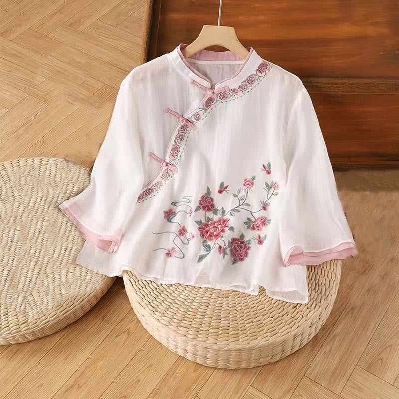 Buddha Stones Vintage Zen Embroidery Plant Floral Pattern Chinese Frog-Button Design Three Quarter Sleeve Women's Cotton Linen Shirt - LavenderBlush - US14，UK/AU18，EU46 (4XL) - image 1