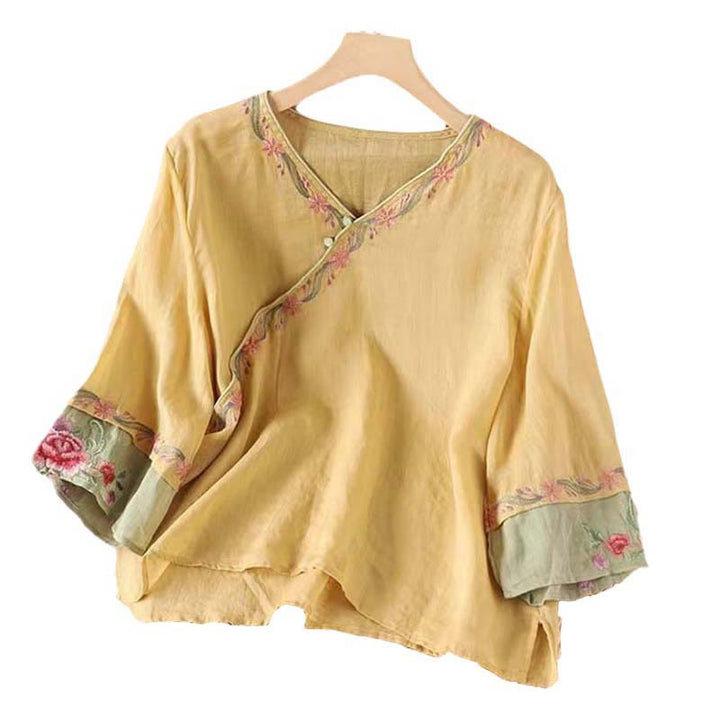 Buddha Stones Spring Retro Embroidery Button Design Three Quarter Sleeve Women's Cotton Shirt - image 7