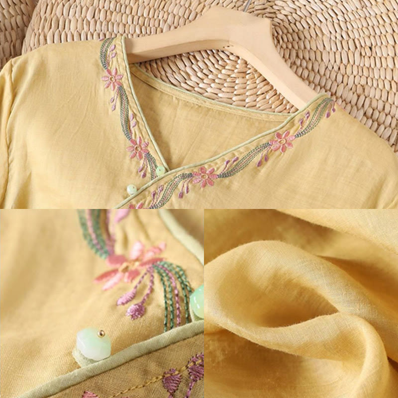 Buddha Stones Spring Retro Embroidery Button Design Three Quarter Sleeve Women's Cotton Shirt - image 6