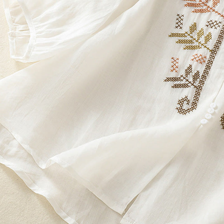 Buddha Stones Casual Artistic Embroidery Leaves Pattern Women's Three Quarter Sleeve Shirt - image 20