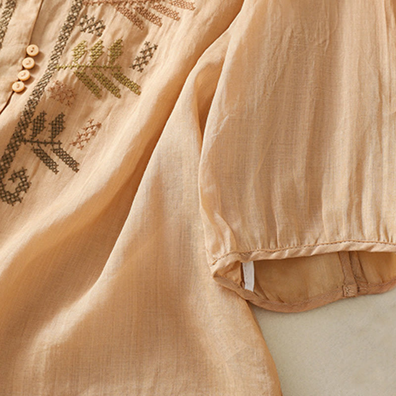 Buddha Stones Casual Artistic Embroidery Leaves Pattern Women's Cotton Linen Three Quarter Sleeve Shirt Cardigan - image 6