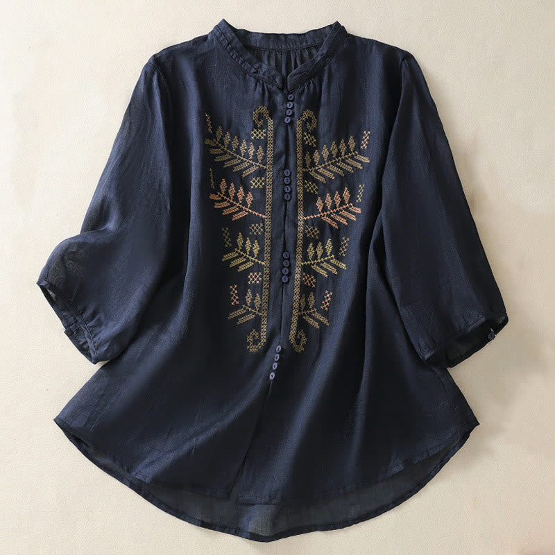 Buddha Stones Casual Artistic Embroidery Leaves Pattern Women's Three Quarter Sleeve Shirt - MidnightBlue - US8-10，UK/AU12-14，EU40-42 (2XL) - image 8