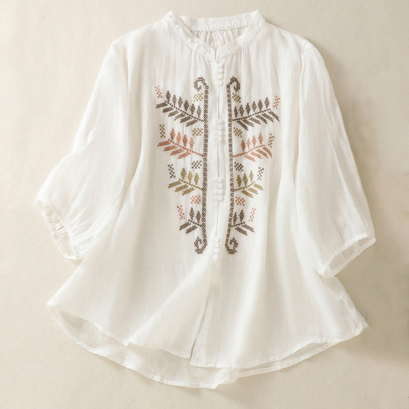 Buddha Stones Casual Artistic Embroidery Leaves Pattern Women's Cotton Linen Three Quarter Sleeve Shirt Cardigan - White - US8-10，UK/AU12-14，EU40-42 (2XL) - image 14