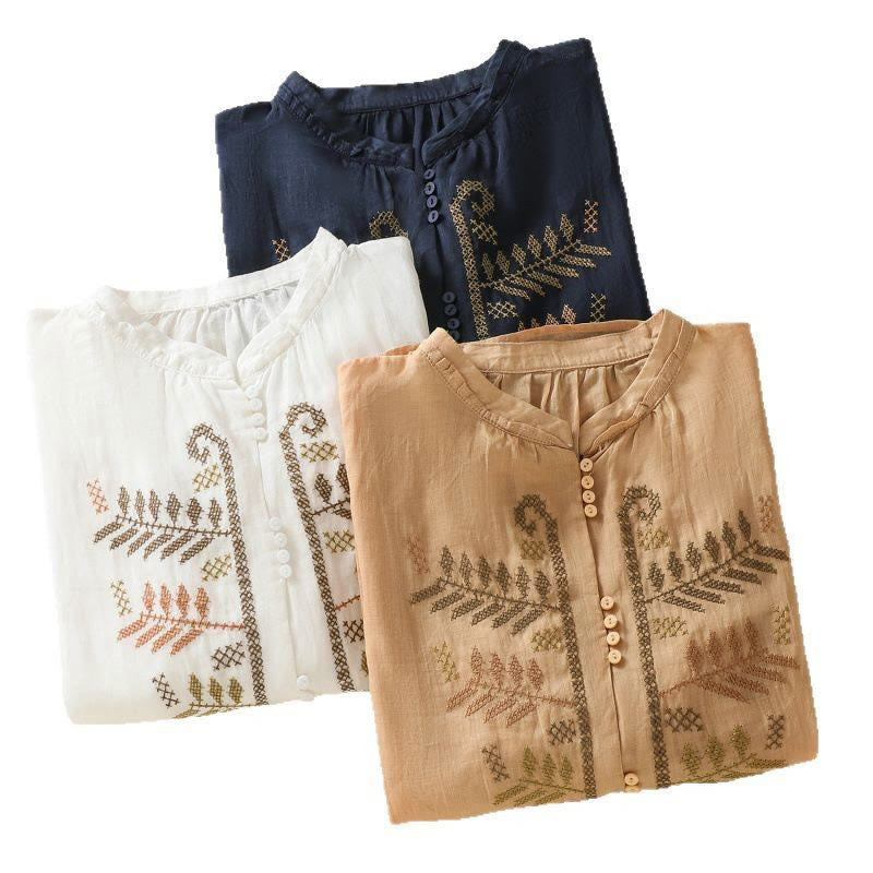 Buddha Stones Casual Artistic Embroidery Leaves Pattern Women's Cotton Linen Three Quarter Sleeve Shirt Cardigan - image 24