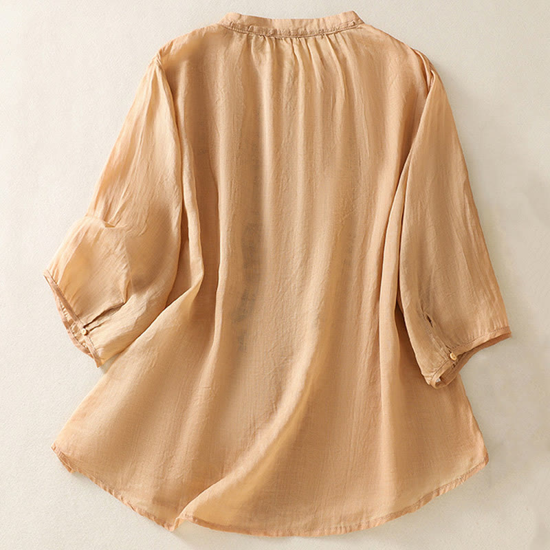 Buddha Stones Casual Artistic Embroidery Leaves Pattern Women's Cotton Linen Three Quarter Sleeve Shirt Cardigan - image 1