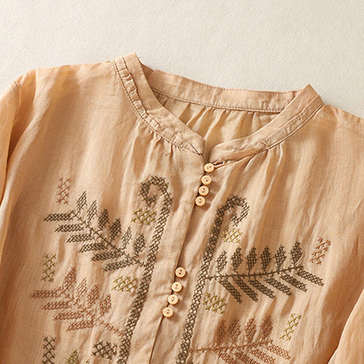 Buddha Stones Casual Artistic Embroidery Leaves Pattern Women's Cotton Linen Three Quarter Sleeve Shirt Cardigan - image 2