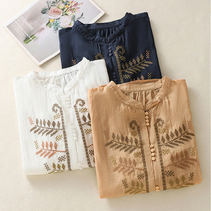 Buddha Stones Casual Artistic Embroidery Leaves Pattern Women's Cotton Linen Three Quarter Sleeve Shirt Cardigan - image 23