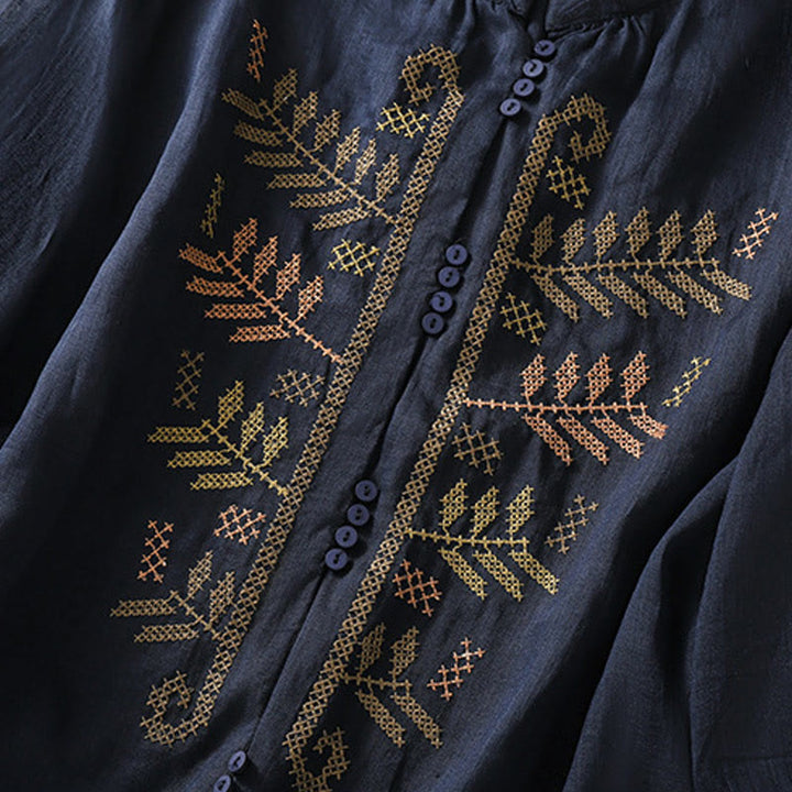 Buddha Stones Casual Artistic Embroidery Leaves Pattern Women's Three Quarter Sleeve Shirt - image 12