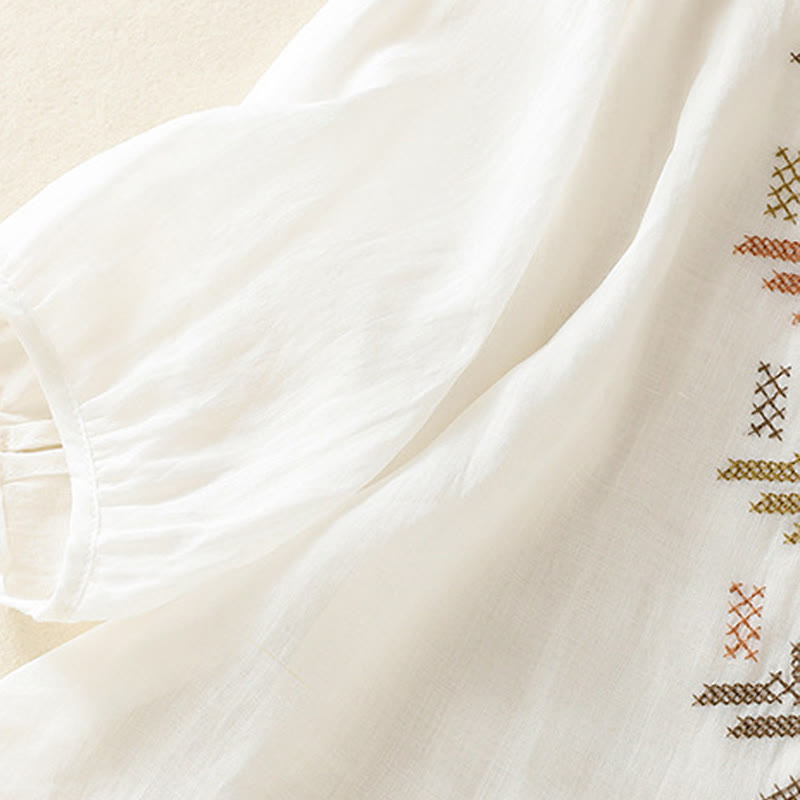 Buddha Stones Casual Artistic Embroidery Leaves Pattern Women's Cotton Linen Three Quarter Sleeve Shirt Cardigan - image 17