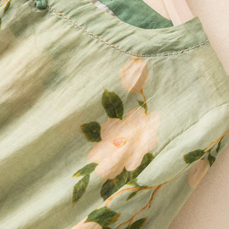 Buddha Stones Lightgreen Casual Artistic Printing Flower Pattern Chinese Frog-Button Design Women's Cotton Linen Long Sleeve Shirt Cardigan - image 4