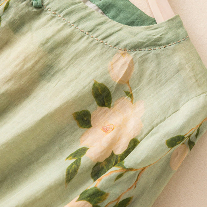 Buddha Stones Lightgreen Casual Artistic Printing Flower Pattern Chinese Frog-Button Design Women's Cotton Linen Long Sleeve Shirt Cardigan - image 4