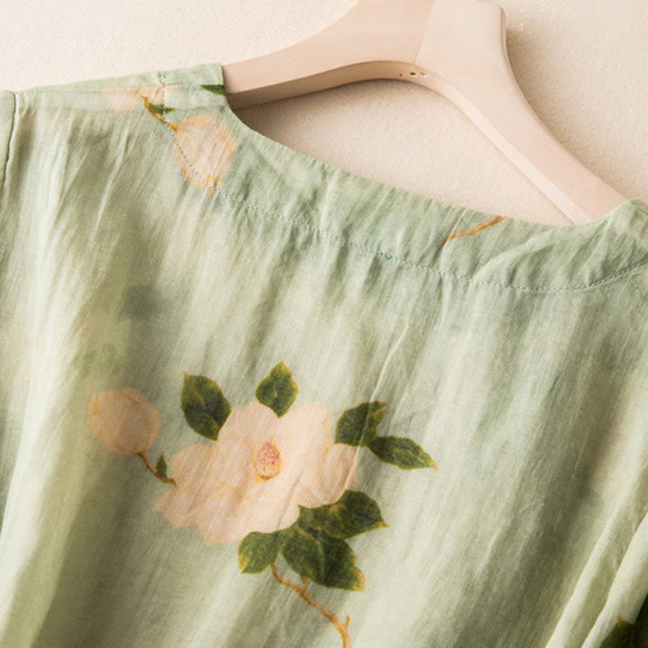 Buddha Stones Lightgreen Casual Artistic Printing Flower Pattern Chinese Frog-Button Design Women's Cotton Linen Long Sleeve Shirt - image 5