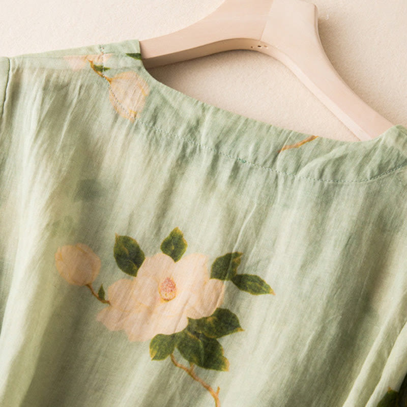 Buddha Stones Lightgreen Casual Artistic Printing Flower Pattern Chinese Frog-Button Design Women's Cotton Linen Long Sleeve Shirt Cardigan - image 5