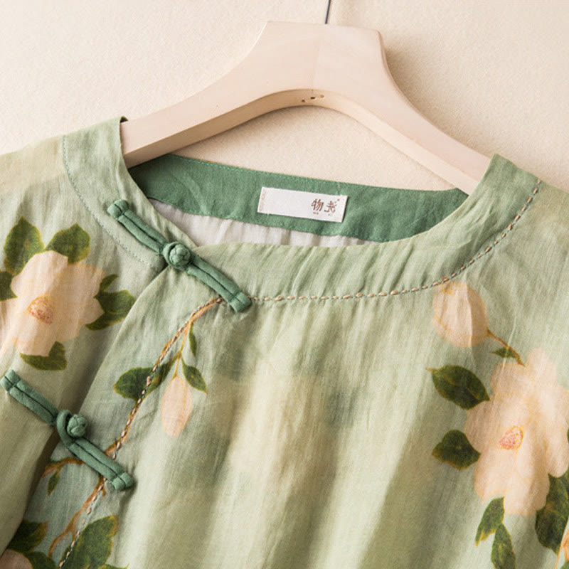 Buddha Stones Lightgreen Casual Artistic Printing Flower Pattern Chinese Frog-Button Design Women's Cotton Linen Long Sleeve Shirt - image 2