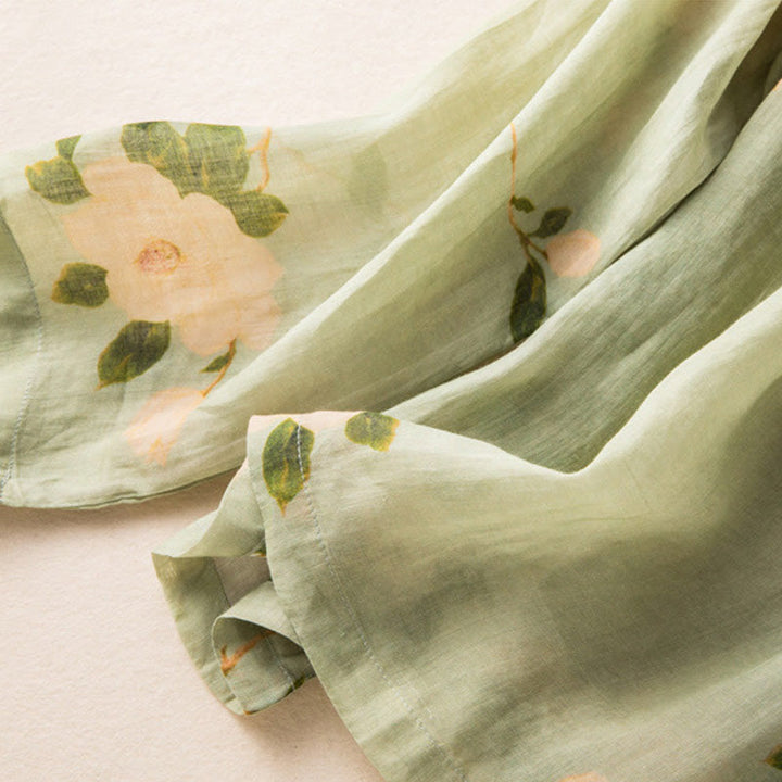 Buddha Stones Lightgreen Casual Artistic Printing Flower Pattern Chinese Frog-Button Design Women's Cotton Linen Long Sleeve Shirt Cardigan - image 10