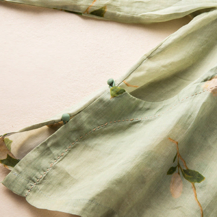 Buddha Stones Lightgreen Casual Artistic Printing Flower Pattern Chinese Frog-Button Design Women's Cotton Linen Long Sleeve Shirt Cardigan - image 13