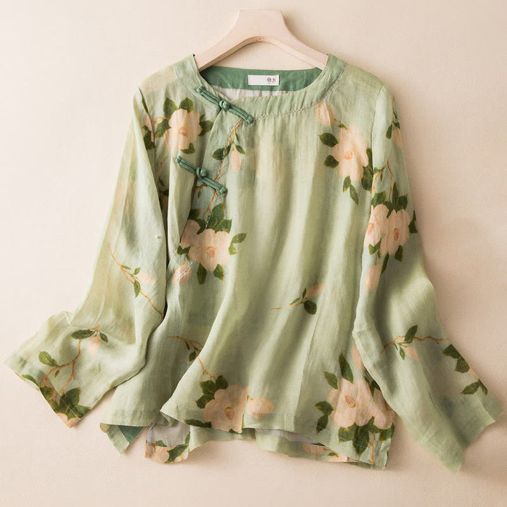 Buddha Stones Lightgreen Casual Artistic Printing Flower Pattern Chinese Frog-Button Design Women's Cotton Linen Long Sleeve Shirt - LightGreen - US8-10，UK/AU12-14，EU40-42 (2XL) - image 0