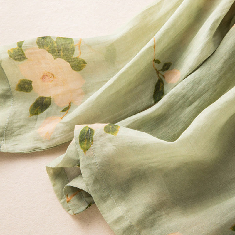 Buddha Stones Lightgreen Casual Artistic Printing Flower Pattern Chinese Frog-Button Design Women's Cotton Linen Long Sleeve Shirt - image 10