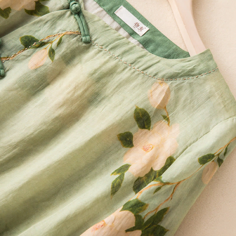 Buddha Stones Lightgreen Casual Artistic Printing Flower Pattern Chinese Frog-Button Design Women's Cotton Linen Long Sleeve Shirt - image 3