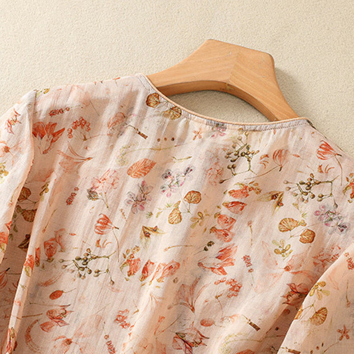 Buddha Stones Summer Casual Printing Frog-Button Design Women's Cotton Linen Long Sleeve Shirt