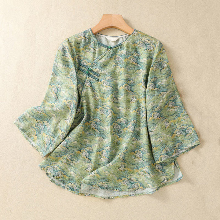 Buddha Stones Summer Casual Printing Frog-Button Design Women's Cotton Linen Long Sleeve Shirt - LimeGreen - US8-10，UK/AU12-14，EU40-42 (2XL) - image 10