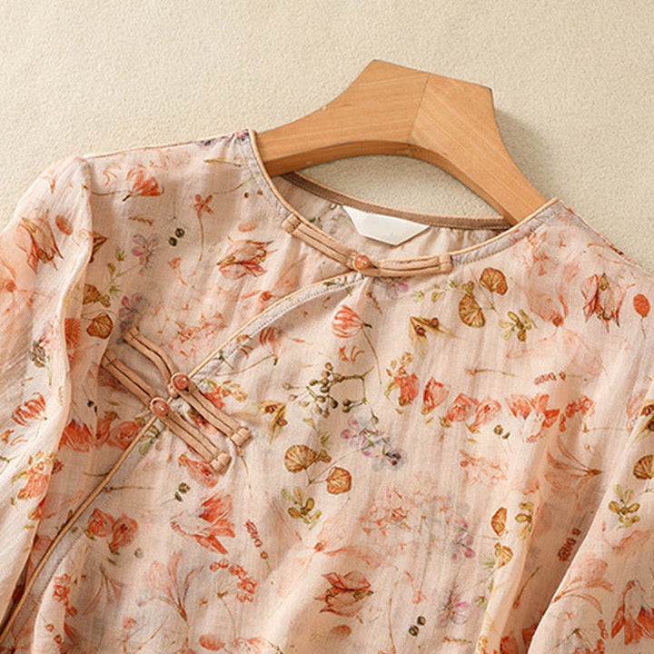 Buddha Stones Summer Casual Printing Frog-Button Design Women's Cotton Linen Long Sleeve Shirt - image 2