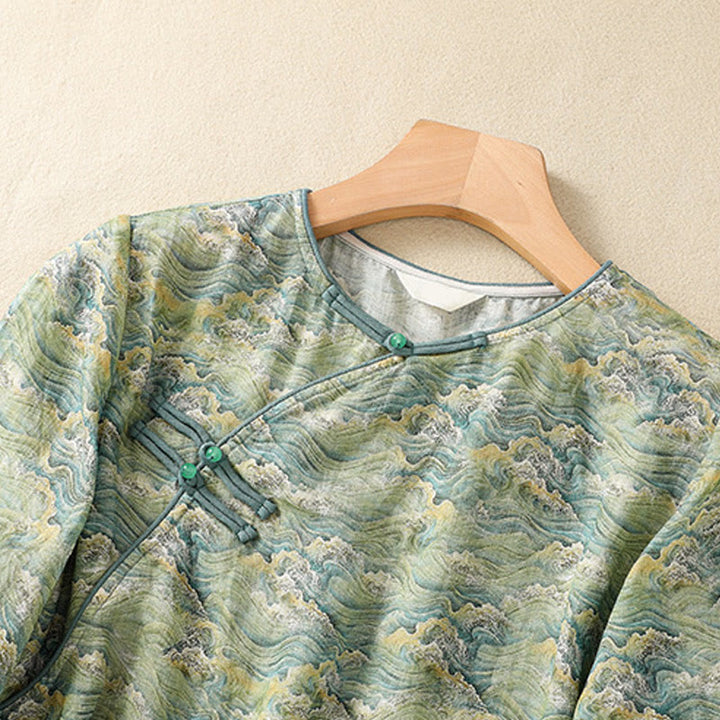 Buddha Stones Summer Casual Printing Frog-Button Design Women's Cotton Linen Long Sleeve Shirt
