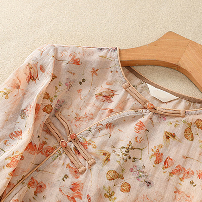 Buddha Stones Summer Casual Printing Frog-Button Design Women's Cotton Linen Long Sleeve Shirt - image 4