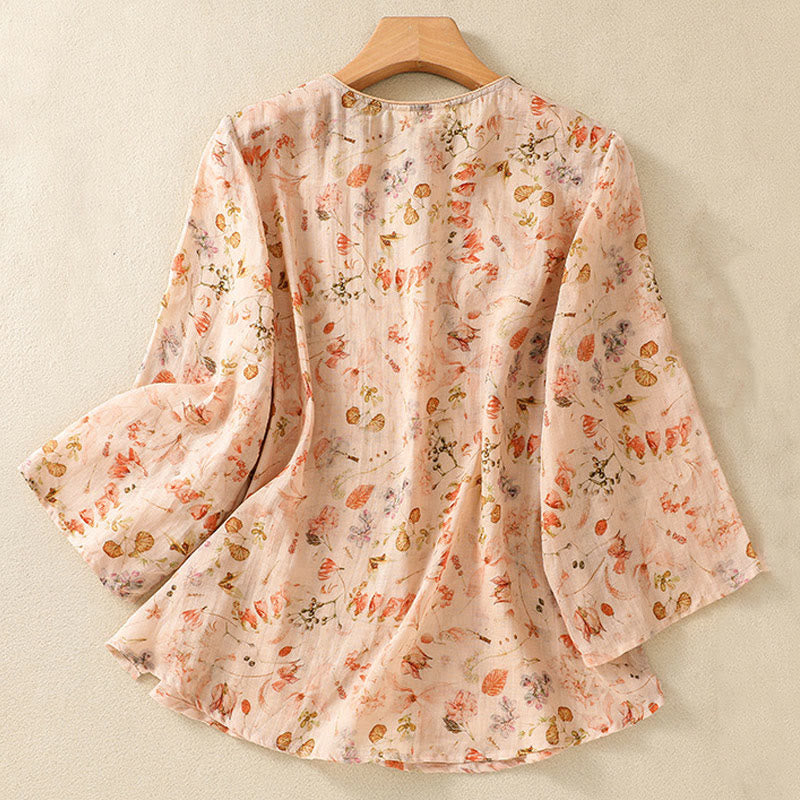 Buddha Stones Summer Casual Printing Frog-Button Design Women's Cotton Linen Long Sleeve Shirt - image 1