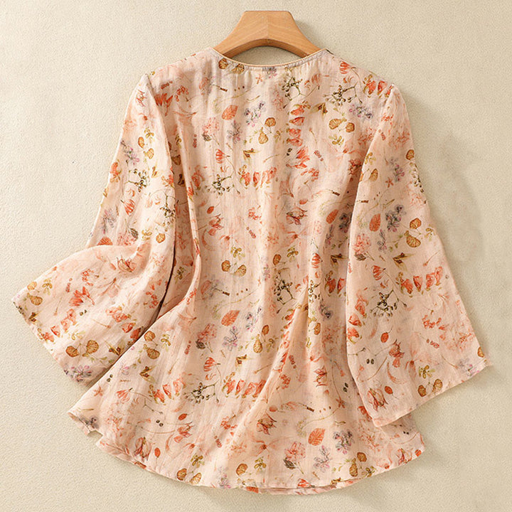 Buddha Stones Summer Casual Printing Frog-Button Design Women's Cotton Linen Long Sleeve Shirt - image 1