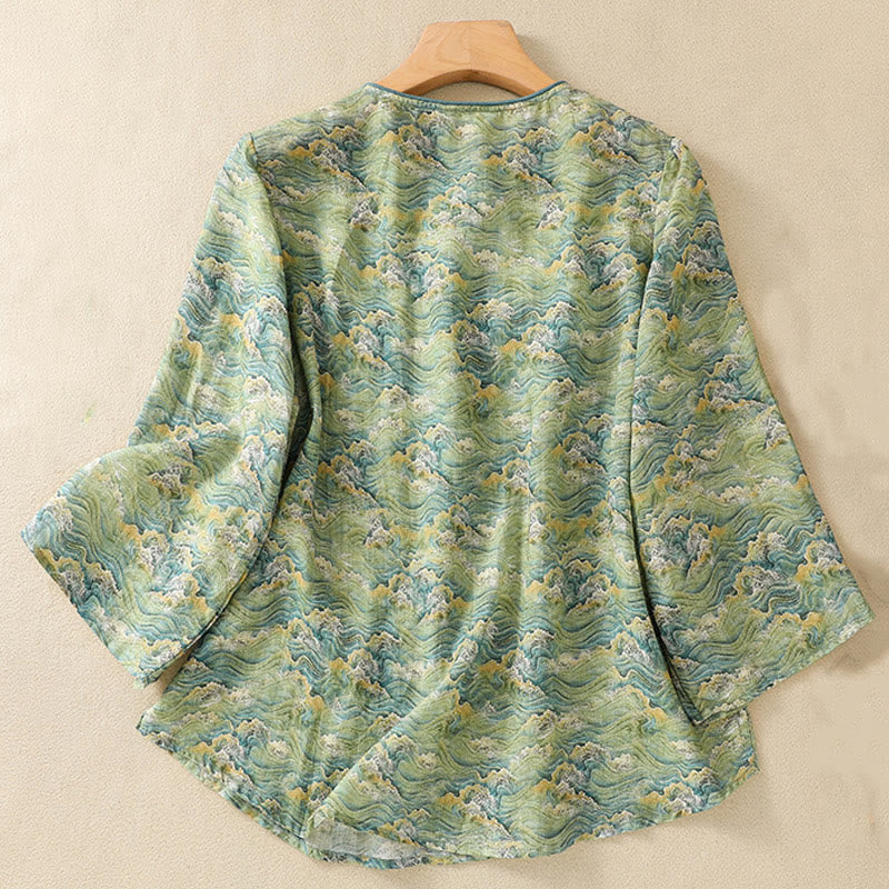 Buddha Stones Summer Casual Printing Frog-Button Design Women's Cotton Linen Long Sleeve Shirt - image 11