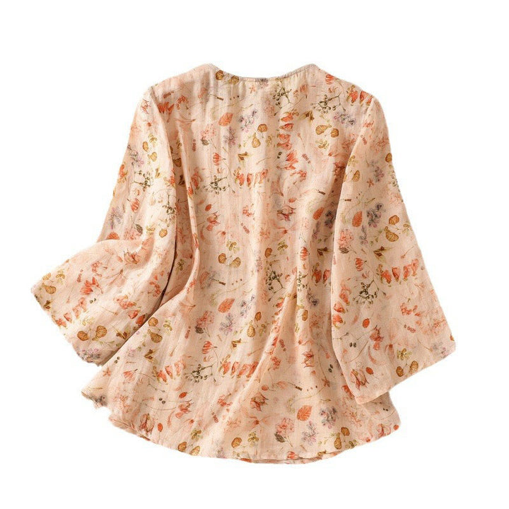 Buddha Stones Summer Casual Printing Frog-Button Design Women's Cotton Linen Long Sleeve Shirt