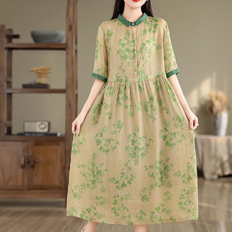 Buddha Stones Retro Printing Floral Pattern Drawstring Design Half Sleeve Cotton Midi Dress With Pockets - image 18