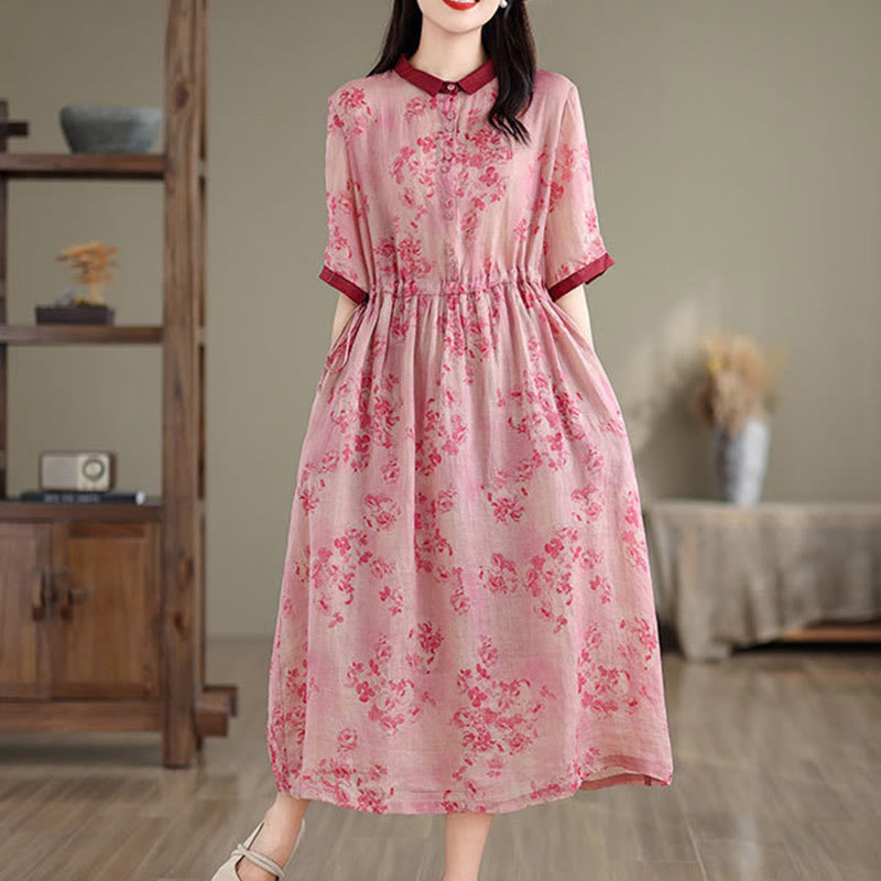 Buddha Stones Retro Printing Floral Pattern Drawstring Design Half Sleeve Cotton Midi Dress With Pockets - image 1