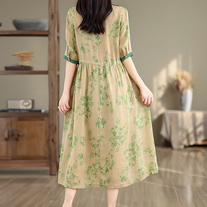 Buddha Stones Retro Printing Floral Pattern Drawstring Design Half Sleeve Cotton Midi Dress With Pockets - image 19
