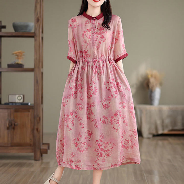 Buddha Stones Retro Printing Floral Pattern Drawstring Design Half Sleeve Cotton Midi Dress With Pockets - image 1