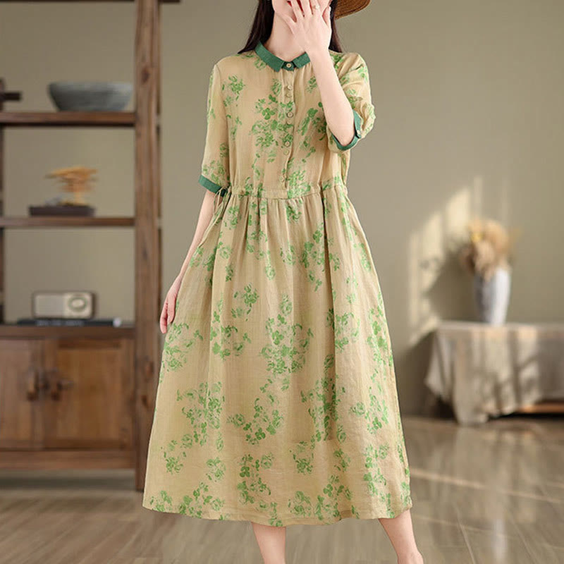 Buddha Stones Retro Printing Floral Pattern Drawstring Design Half Sleeve Cotton Midi Dress With Pockets - image 17