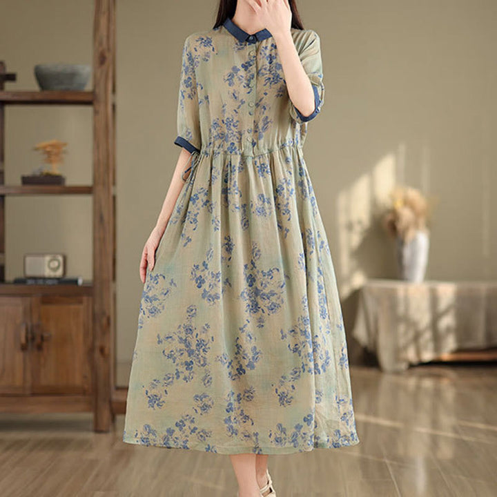 Buddha Stones Retro Printing Floral Pattern Drawstring Design Half Sleeve Cotton Midi Dress With Pockets - image 10