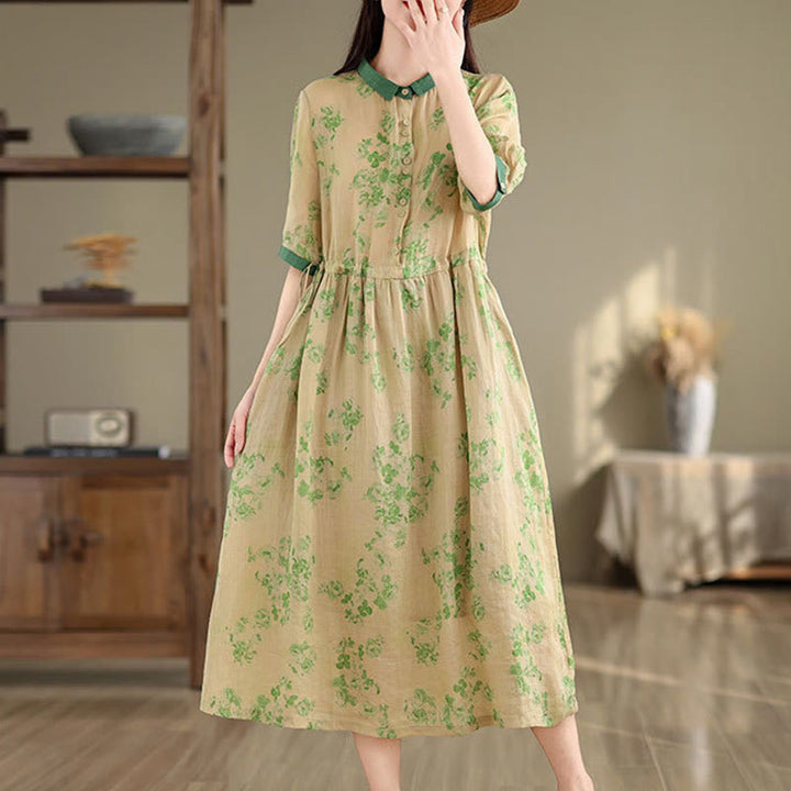 Buddha Stones Retro Printing Floral Pattern Drawstring Design Half Sleeve Cotton Midi Dress With Pockets - image 17