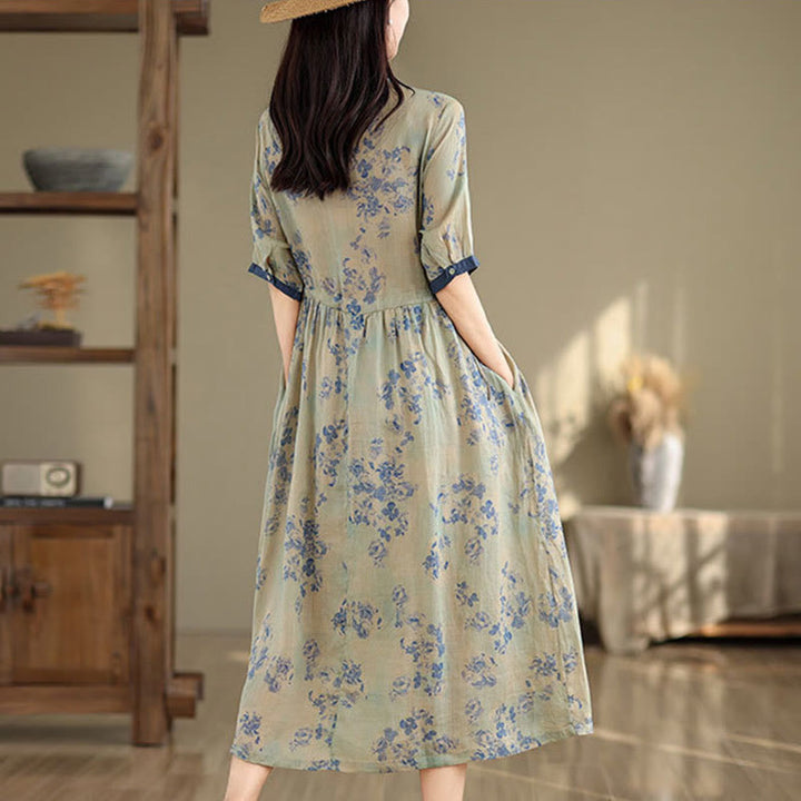 Buddha Stones Retro Printing Floral Pattern Drawstring Design Half Sleeve Cotton Midi Dress With Pockets - image 11