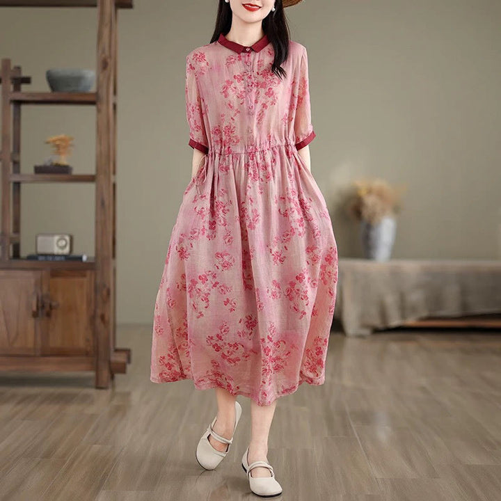 Buddha Stones Retro Printing Floral Pattern Drawstring Design Half Sleeve Cotton Midi Dress With Pockets - DeepPink - US8-10，UK/AU12-14，EU40-42 (2XL) - image 0