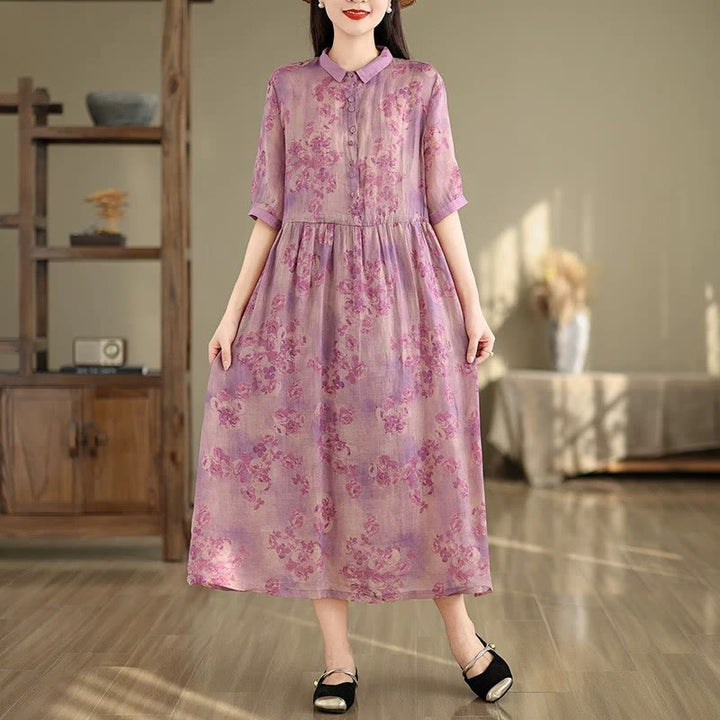 Buddha Stones Retro Printing Floral Pattern Drawstring Design Half Sleeve Cotton Midi Dress With Pockets - Magenta - US8-10，UK/AU12-14，EU40-42 (2XL) - image 12