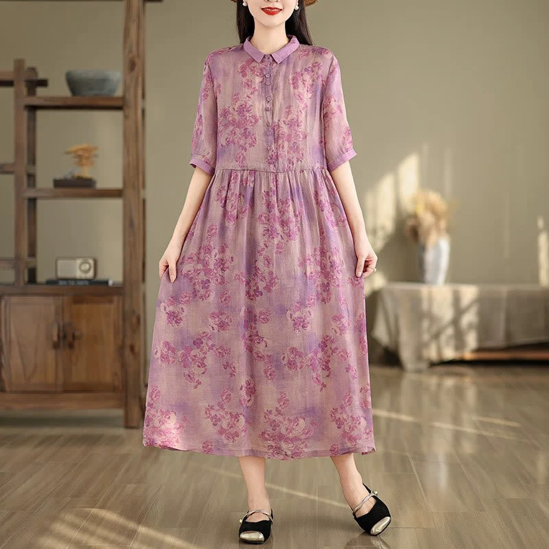 Buddha Stones Retro Printing Floral Pattern Drawstring Design Half Sleeve Cotton Midi Dress With Pockets - Magenta - US8-10，UK/AU12-14，EU40-42 (2XL) - image 12
