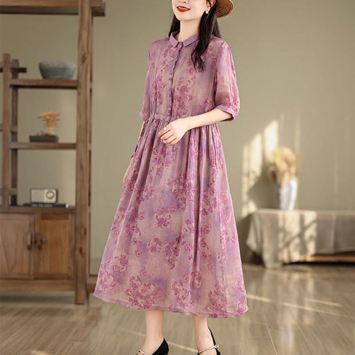 Buddha Stones Retro Printing Floral Pattern Drawstring Design Half Sleeve Cotton Midi Dress With Pockets - image 13