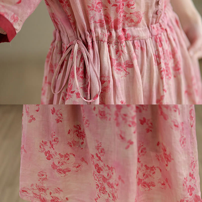 Buddha Stones Retro Printing Floral Pattern Drawstring Design Half Sleeve Cotton Midi Dress With Pockets - image 6