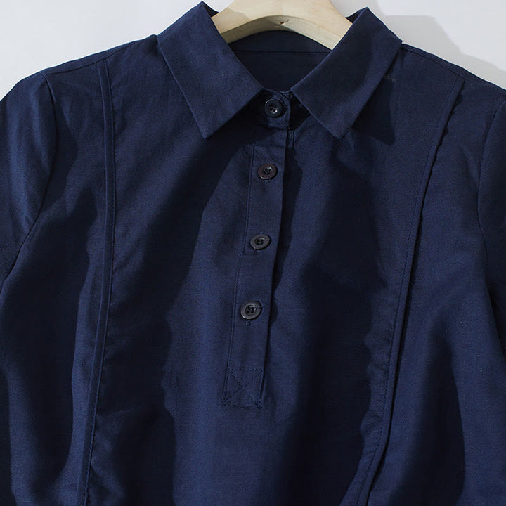 Buddha Stones Summer Retro Solid Color Button Design Short Sleeve Cotton Midi Dress With Pockets - image 18