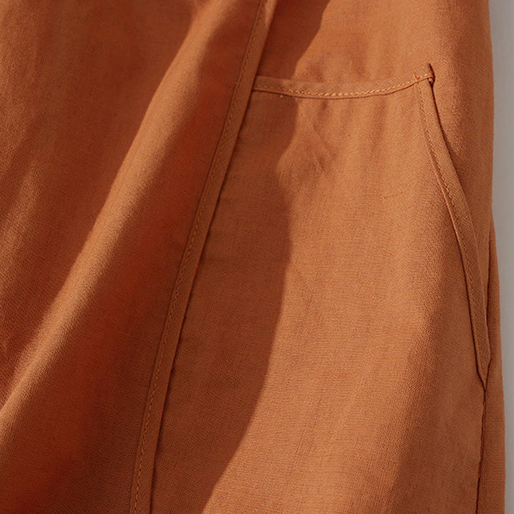 Buddha Stones Summer Retro Solid Color Button Design Short Sleeve Cotton Midi Dress With Pockets - image 6