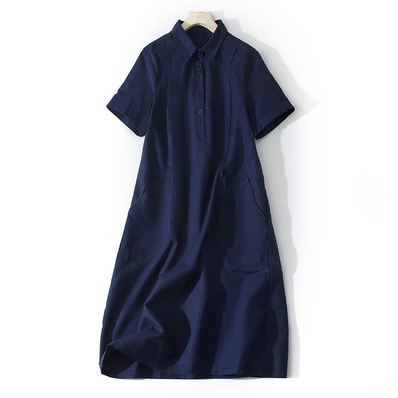 Buddha Stones Summer Retro Solid Color Button Design Short Sleeve Cotton Midi Dress With Pockets