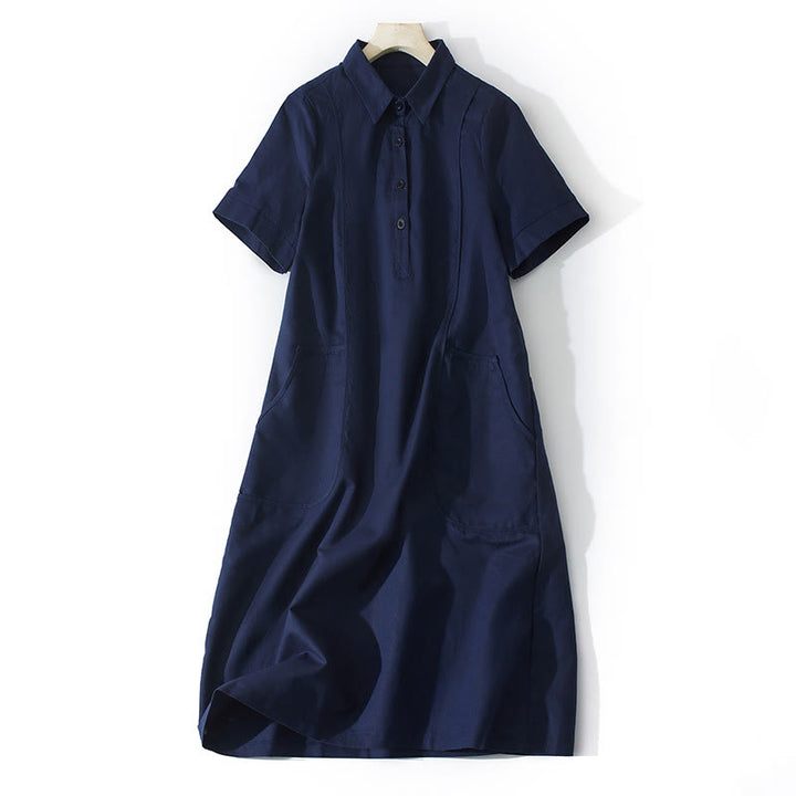 Buddha Stones Summer Retro Solid Color Button Design Short Sleeve Cotton Midi Dress With Pockets